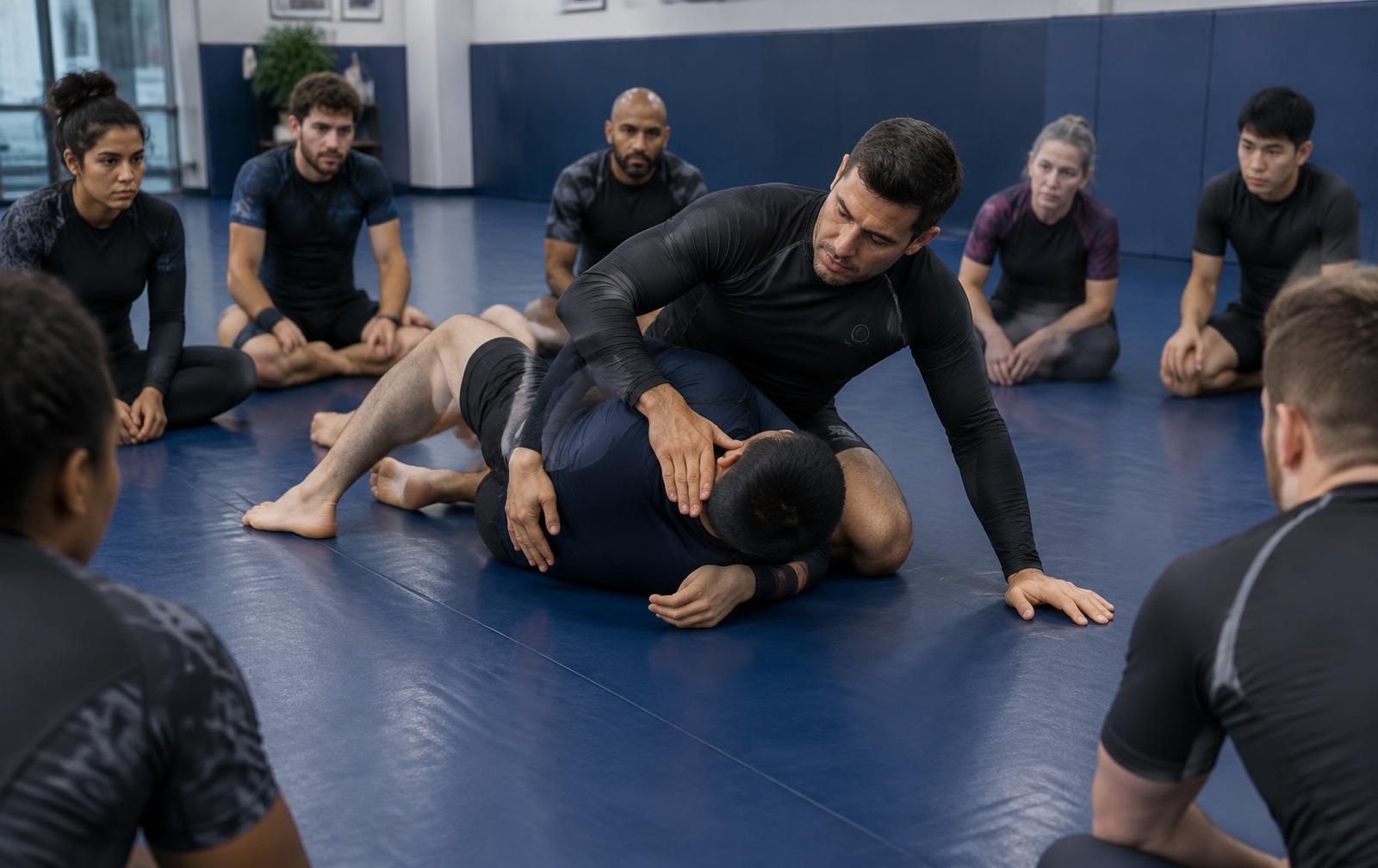 Adults drilling a side control escape in a Jiu-Jitsu fundamentals class