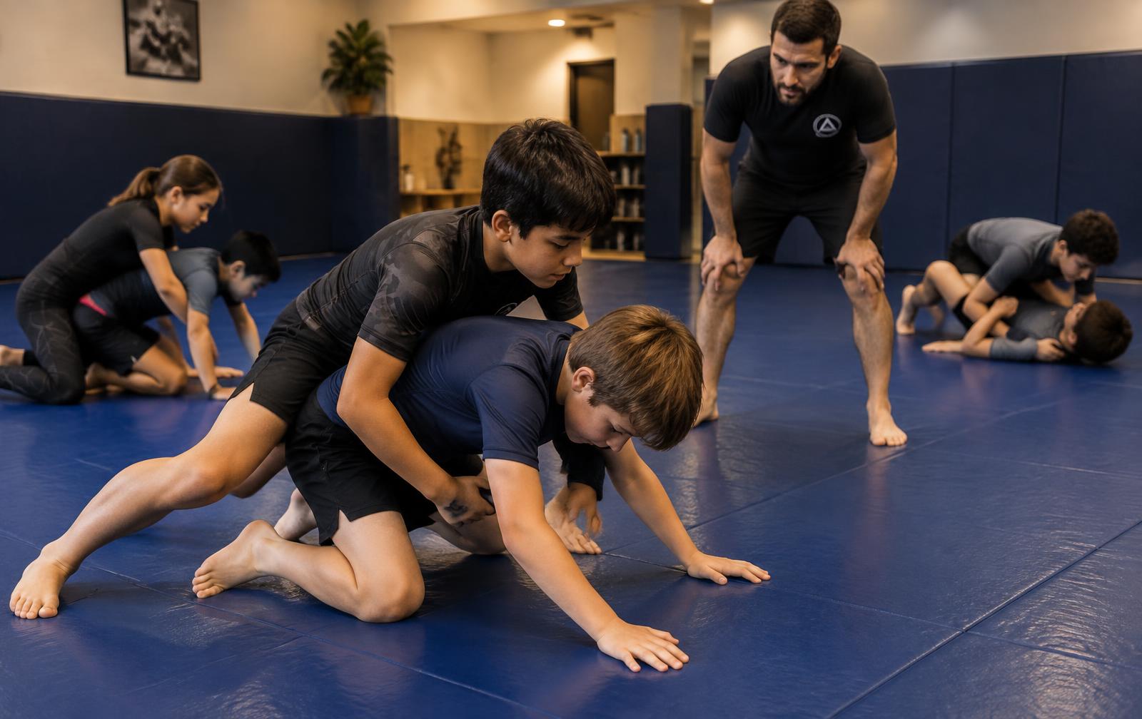 Kids drilling a Jiu-Jitsu technique under supervision
